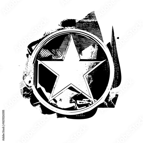 Vector Distressed star emblem with circular frame and western elements.