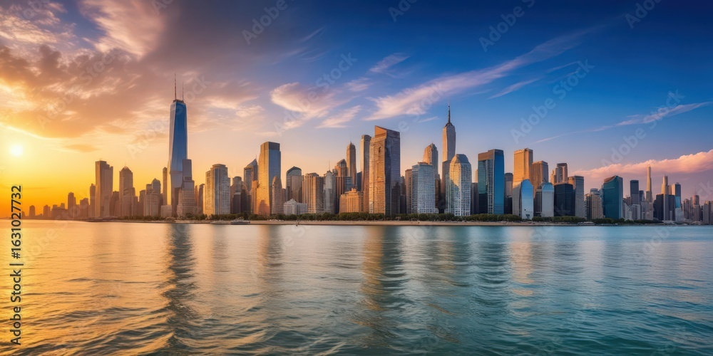 Obraz premium Panoramic view of Chicago skyline with Lake Michigan at sunset