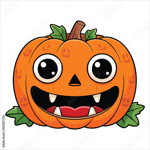 Orange pumpkin with a happy face for Halloween and Thanksgiving autumn occasions. October festival decoration element in line art hand drawn style.