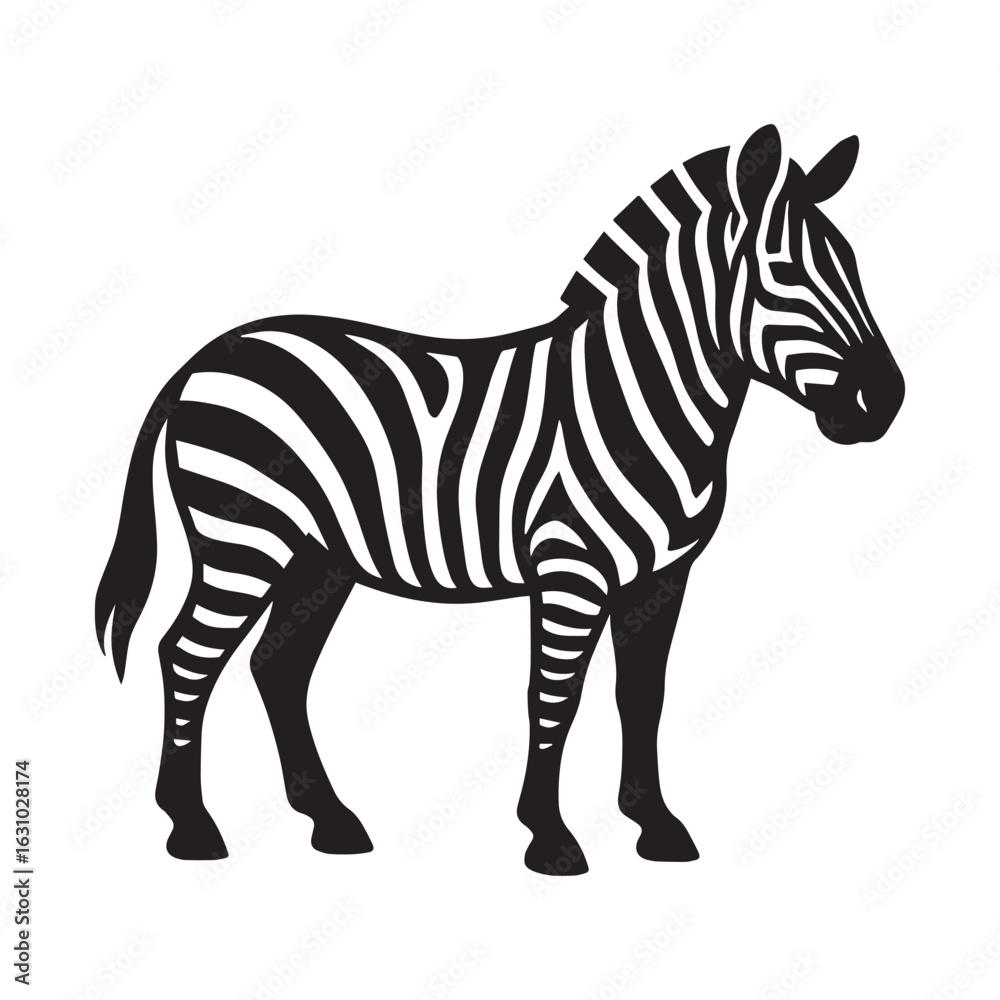 Obraz premium Black and white zebra vector illustration, standing profile view, animal icon, wildlife symbol, for logo or graphic design, Isolated on transparent background, png