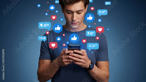 Wallpaper Mural Man looking at smartphone surrounded by social media icons and notifications mobile phone likes Torontodigital.ca