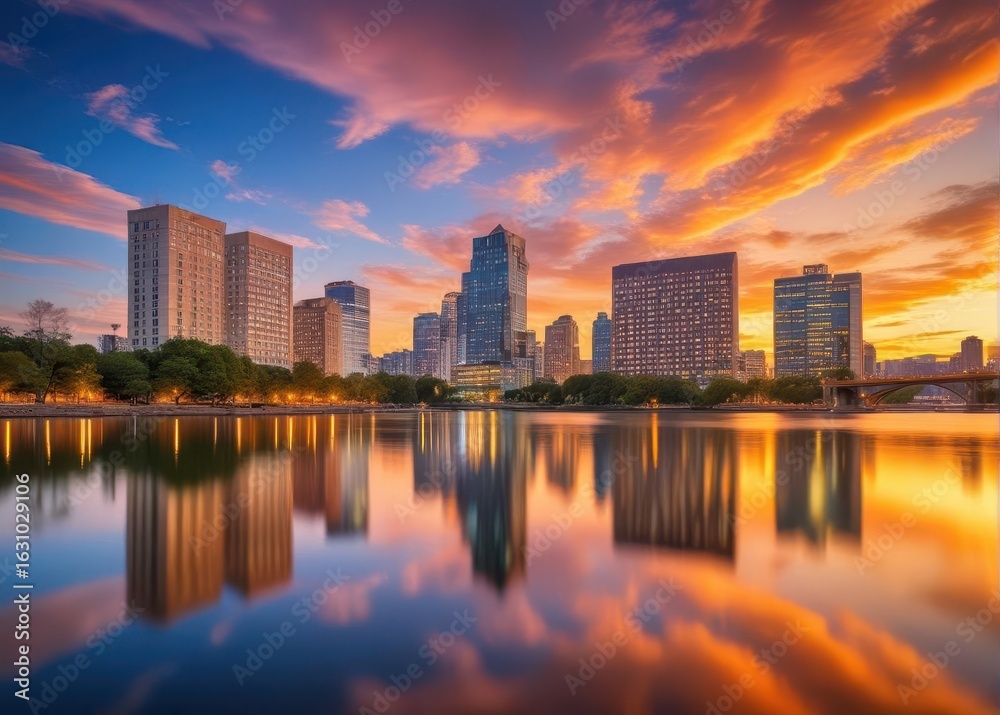 Fototapeta premium Orlando skyline reflected on Lake Eola at sunset with sky turning orange and pink hues