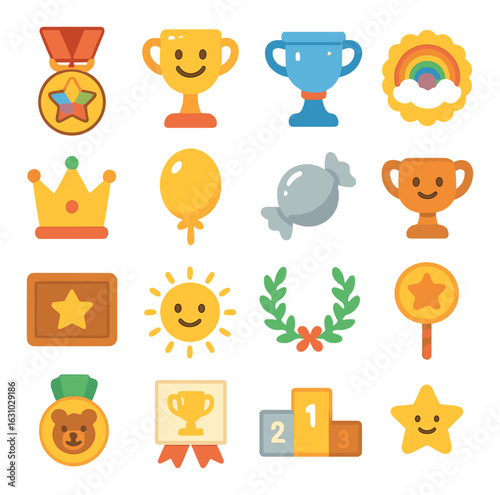 Colorful cartoon awards and prizes collection with medals and trophies
