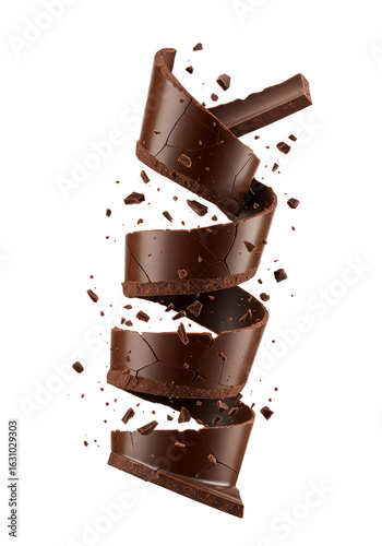 Dark Chocolate Curls Falling Against Black Background with Detailed Texture and Dynamic Fragment Pieces