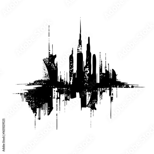 Vector Urban skyline transforms into an audio waveform .