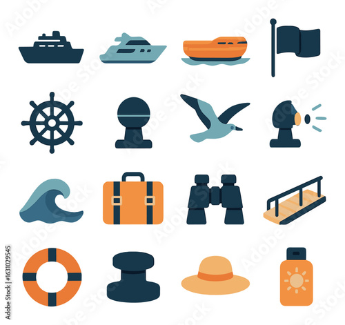 Nautical icons set with boats, lifebuoy, seagull, and binoculars in marine colors
