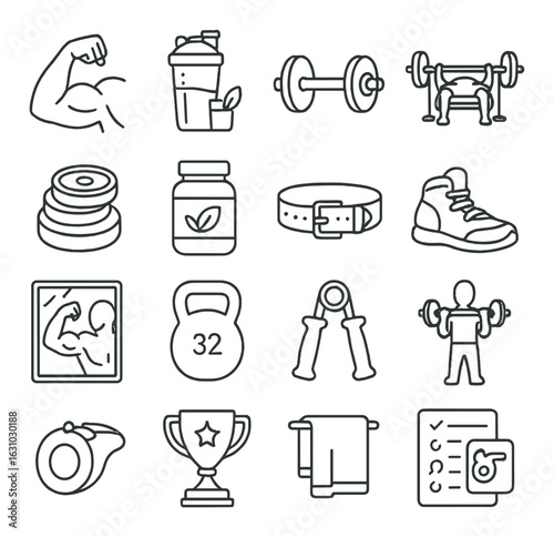 Fitness icons collection: dumbbells, kettlebell, protein, sneakers, towel, trophy