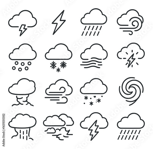 Weather icons set: cloud, lightning, rain, storm, snow symbols for forecast design