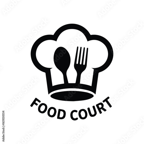 Chef hat icon with spoon and fork for food court logo design in black and white vector illustration