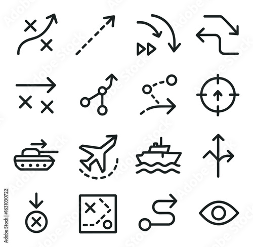 Strategic planning icons set with arrows, maps, and navigation symbols