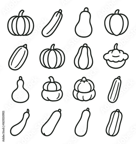 Assorted squash and pumpkin line art on textured background