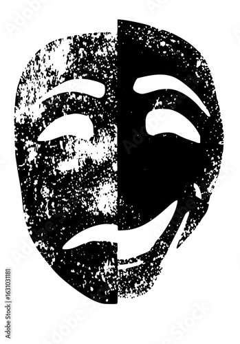 Vector Dramatic theater masks depict contrasting emotions.