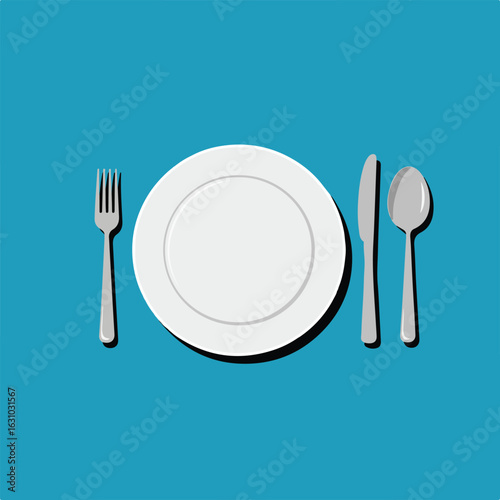 Illustration of a white plate with a fork knife and spoon on a blue background in a flat style