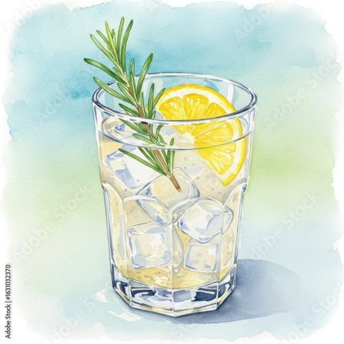 Refreshing watercolor illustration of a gin and tonic with rosemary and lemon slice