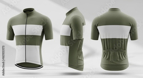 Blank cycling jersey mockup with front, back, and side views. Olive green and white short-sleeve sports apparel template.