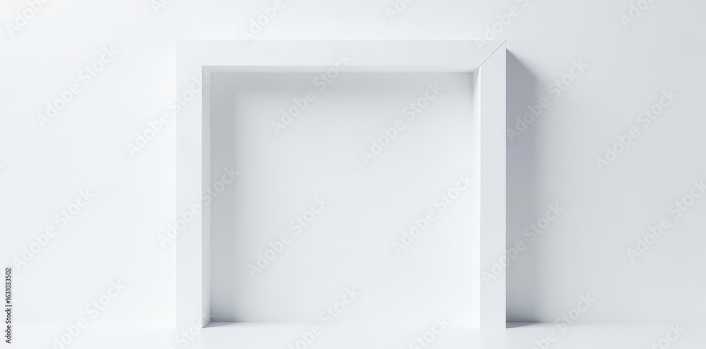 Fototapeta premium Bold white square frame, stark contrast against white backdrop, illustration, white background