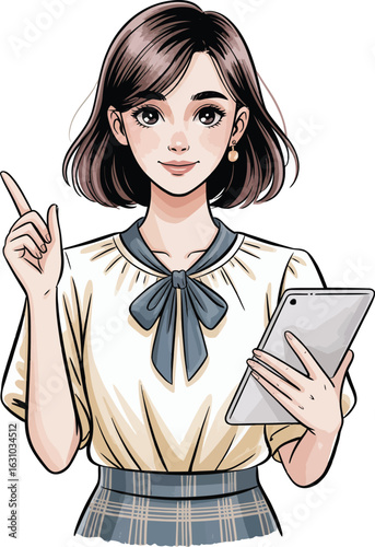 A digital illustration of a young professional woman holding a tablet and pointing upwards to explain an idea.
