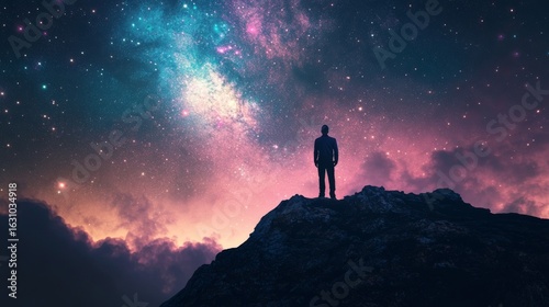 Silhouette of a man standing on a mountain top, looking up at a starry sky. The stars are vivid, full of color, and suggest a beautiful night sky.