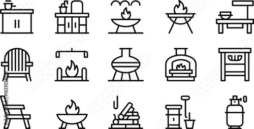 Outdoor patio furniture and fire equipment are displayed as simple black line icons