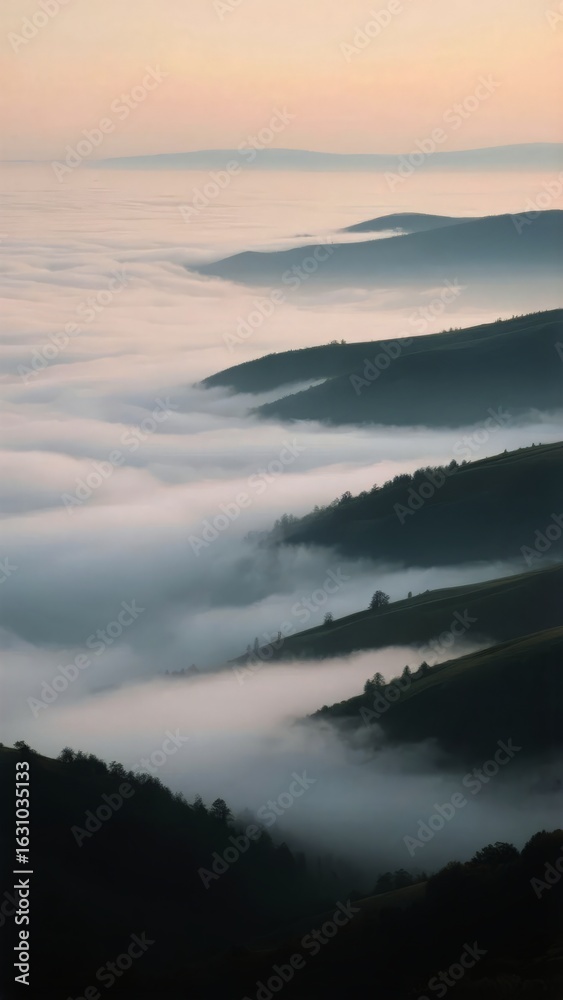 Fototapeta premium Foggy Valley at Dawn: A Serene Landscape with Rolling Hills and Mist