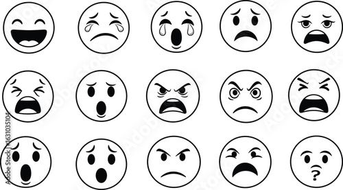 Outlined emoji face collection features laughter, tears, sadness, anger, surprise, and confusion expressions