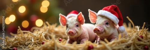 Tiny piglets in Santa hats, nestled in festive hay , gift, rustic, winter