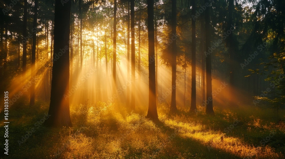 Fototapeta premium Sunbeams shining through the trees in a forest