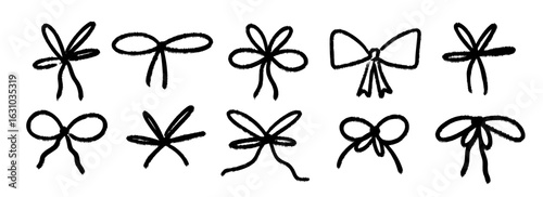 Crayon hand drawn bow collection.Textured brush stroke scribbled elements pack for gift, package, present decoration. Black doodled ribbon bows set. Sketched chalk pastel tied knots bundle. Vector