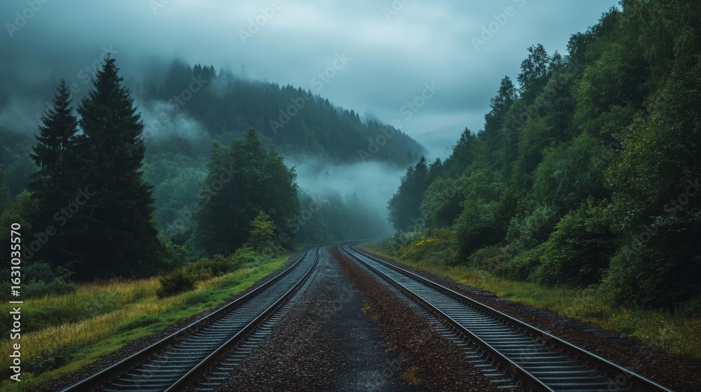 Fototapeta premium Train tracks disappearing into the distance with a dense fog and dark forest background.