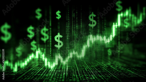 Glowing green dollar symbols surge with an ascending digital price waveform.
Captures bullish market momentum and the electrifying rhythm of global finance.