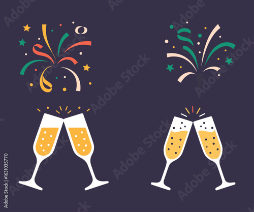 Two champagne glasses meet as colorful confetti and streamers decorate the background