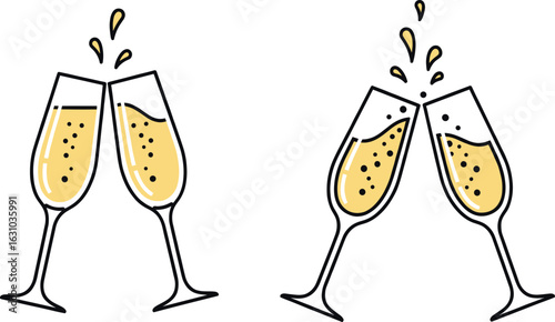 Two pairs of champagne flutes clink together, creating festive splashes on a transparent backdrop