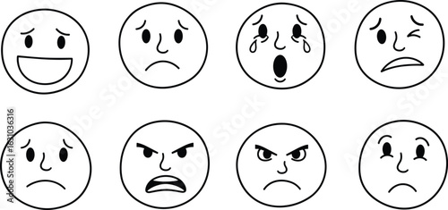 Various simple black outline facial expressions display human emotions on a transparent background