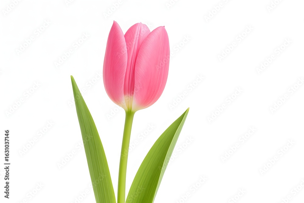 Fototapeta premium Pink Tulip Flower with Green Leaves on White Background