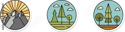 Three circular nature icons featuring a mountain sunrise a forest landscape and trees with a checkmark