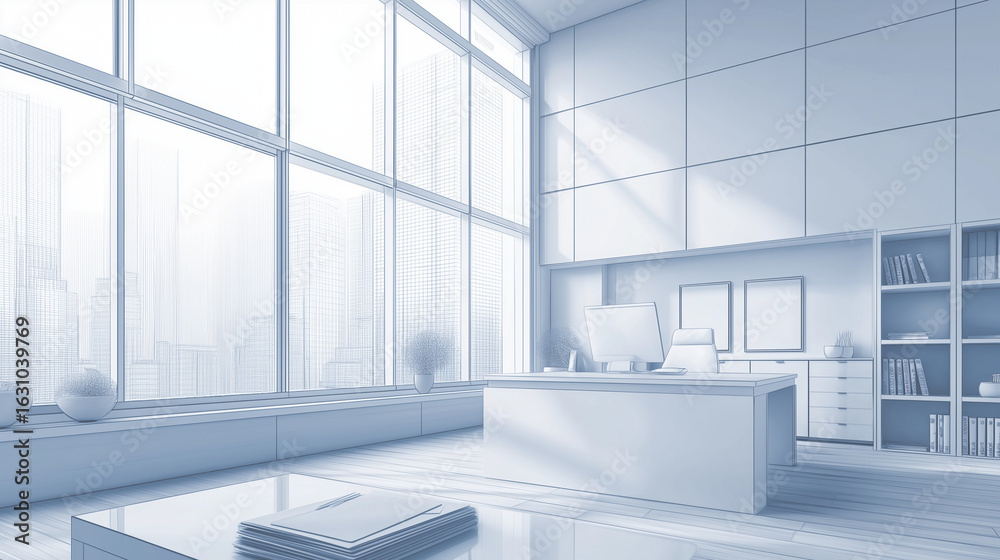 Fototapeta premium Modern office interior featuring white and blue tones, clean lines, and natural light for a professional ambiance.