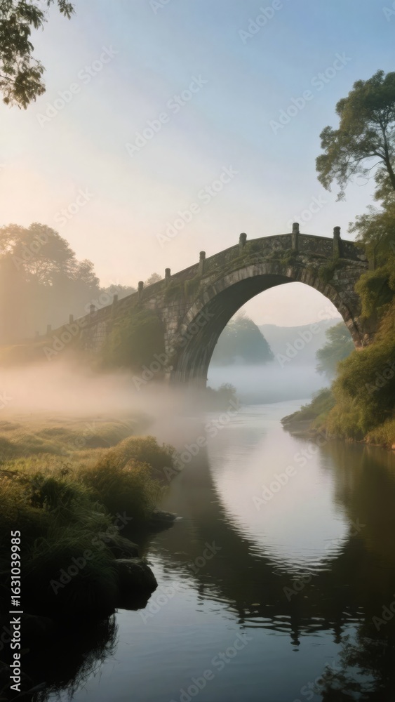 Fototapeta premium Stone Arch Bridge Over a Misty River at Dawn