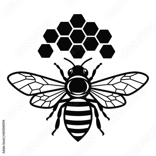 Bee Silhouette with Honeycomb Pattern on Vector illustration of White Background insect hive