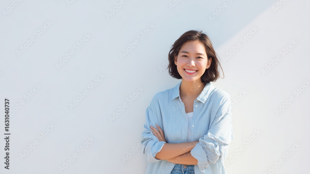 Young woman smiling confidently against a plain white wall in a casual outfit during daytime. Young woman smiling confidently against a plain white wall in a casual outfit during daytime.