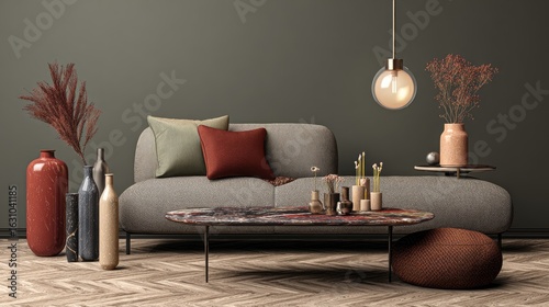 A modern living room interior design with neutral tones and decorative accents.