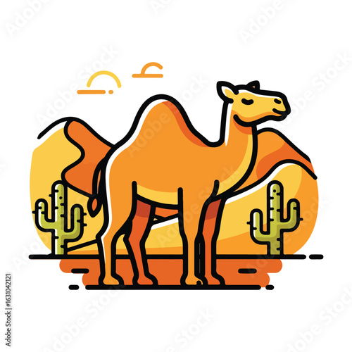 Camel standing in a desert landscape illustration