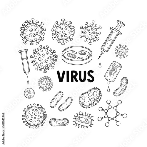 Hand-drawn virology and microbiology doodle set with virus, bacteria, syringe, and petri dish illustrations