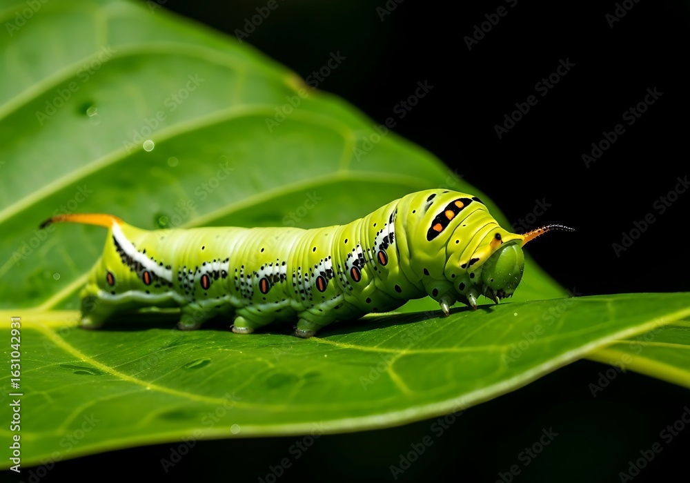 Bright green caterpillar crawling on a vibrant green leaf Bright green caterpillar crawling on a vibrant green leaf
