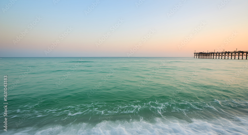 Obraz premium Serene Ocean Horizon with Distant Pier at Dusk