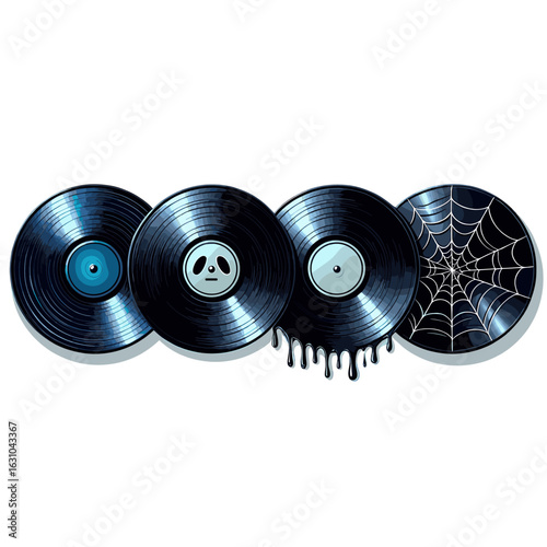 Vinyl records art illustration with panda face and spider web for music lovers and collectors design