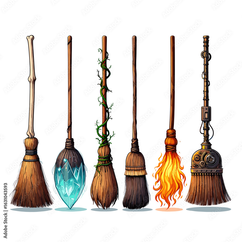 Naklejka premium Various fantasy witch brooms for magical cleaning and transportation in a whimsical fantasy world setting