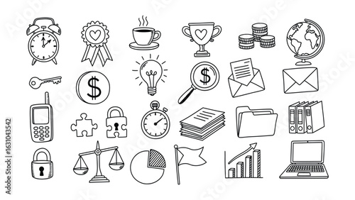 Hand-drawn doodle icon set featuring various business, finance, and office elements for creative projects. A versatile sketch collection.