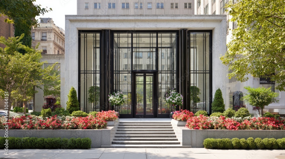 Fototapeta premium Modern building entrance with landscaped gardens.