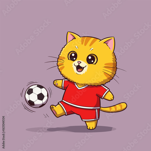 An energetic orange-striped cat in a red soccer uniform kicks a black-and-white ball mid-play, beaming with joy against a soft purple backdrop.