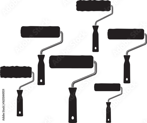Vector set of black paint roller silhouettes. Painting tool icon collection for renovation and decorator services, isolated on white.